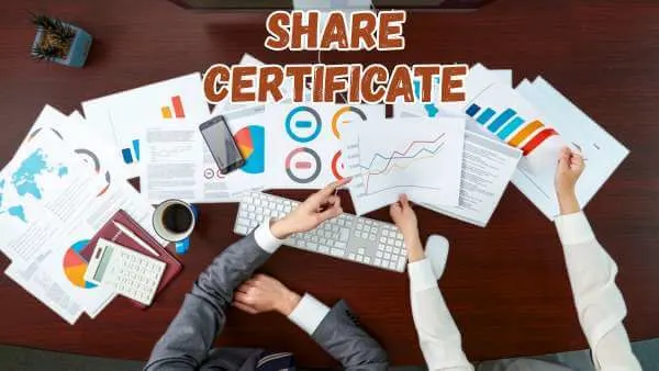 An overhead shot of two professionals at a wooden desk analyzing financial charts. One person points to a line graph, symbolizing the work behind understanding the value of a share certificate