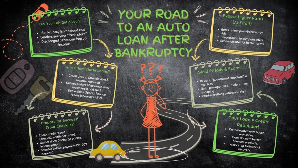 Infographic mind map titled 'Your Road to an Auto Loan After Bankruptcy,' guiding users on how to find "banks that work with bankruptcies for auto loans" through six illustrated key steps to financial recovery