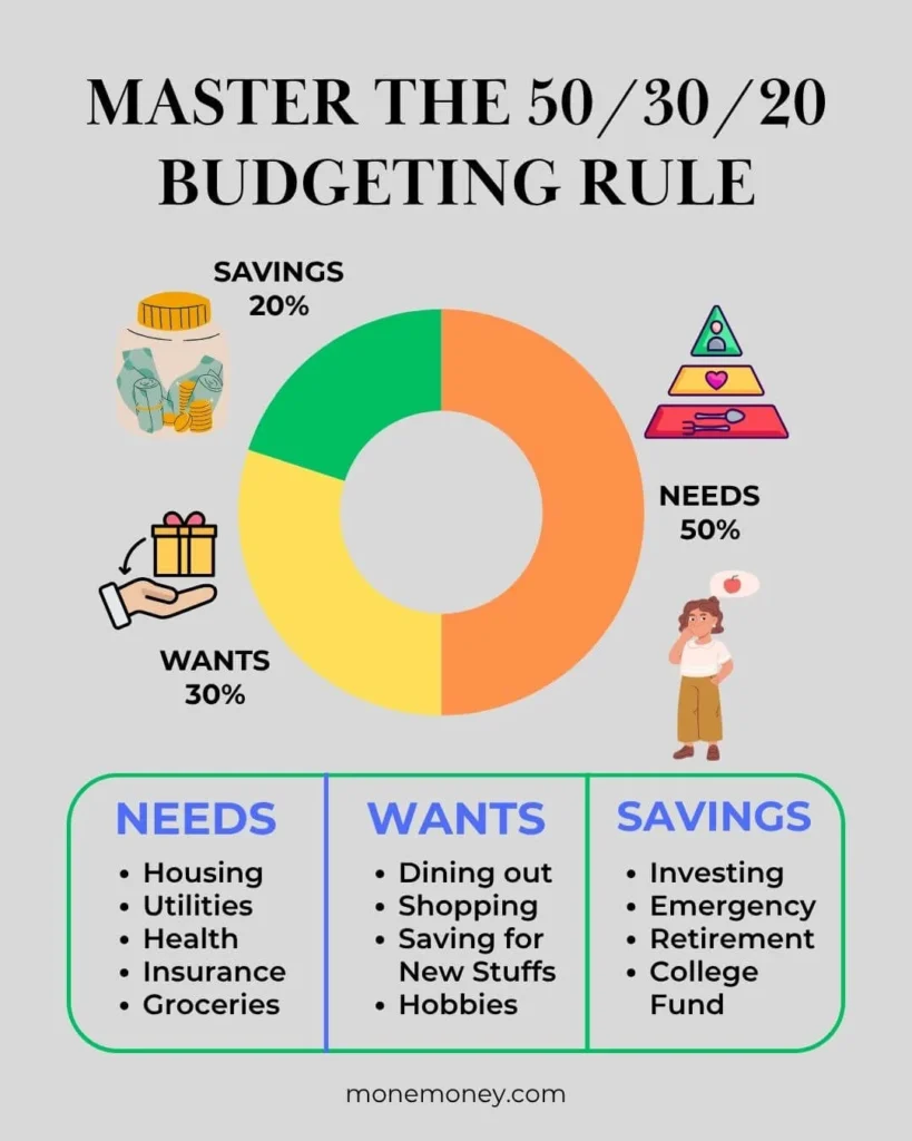 Visual guide to the 50/30/20 budgeting rule: A donut chart shows 50% for Needs (orange), 30% for Wants (yellow), and 20% for Savings (green), with icons and listed examples like housing (Needs), dining out (Wants), and investing (Savings). From monemoney.com
