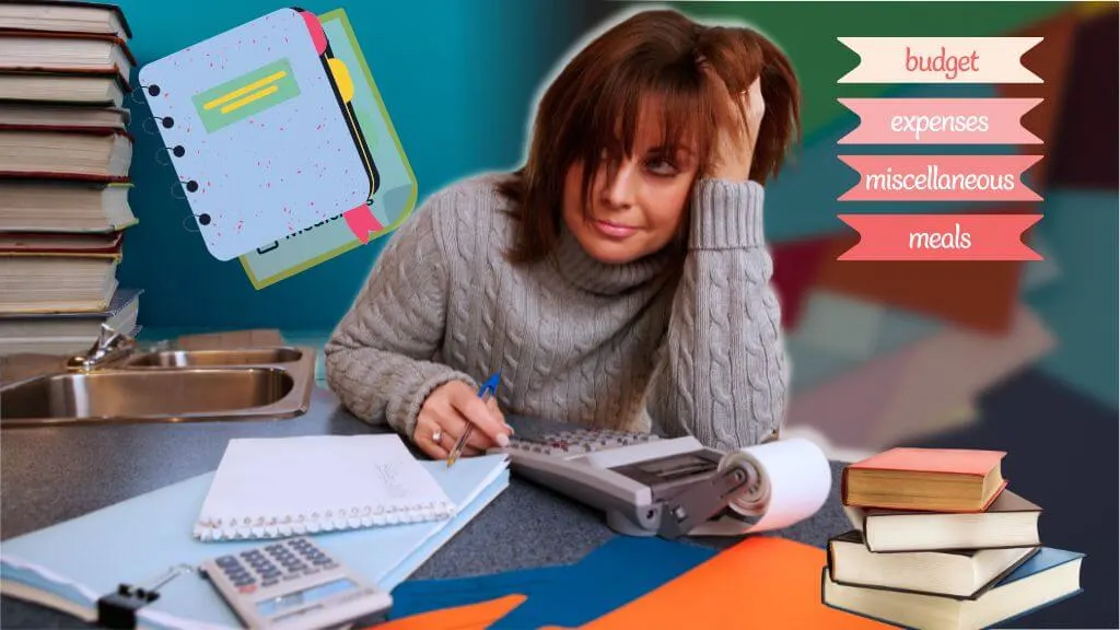 Woman looking stressed while budgeting with a calculator, notebooks, and stacks of books, with a graphic overlay of a 'budget book' and labels like 'budget,' 'expenses.' Illustrates the need for helpful 'budget books' and 'budget planners'