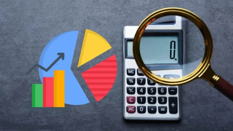 A magnifying glass hovers over a calculator displaying '0.', alongside a colorful pie chart and bar graph, symbolizing the use of a stock split calculator for investment analysis.