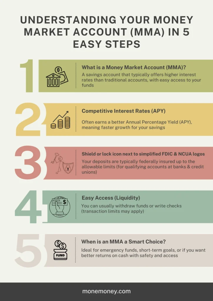 Infographic: 5 easy steps to understand your Money Market Account (MMA), covering APY, insurance, and how this knowledge aids using a money market calculator for savings.