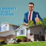 A cheerful man in a suit giving a thumbs-up stands beside a house, with rising blue bar graphs overlaid, symbolizing financial growth. The text "Money Market Account Calculator" is prominently displayed, representing a tool for saving and investment planning