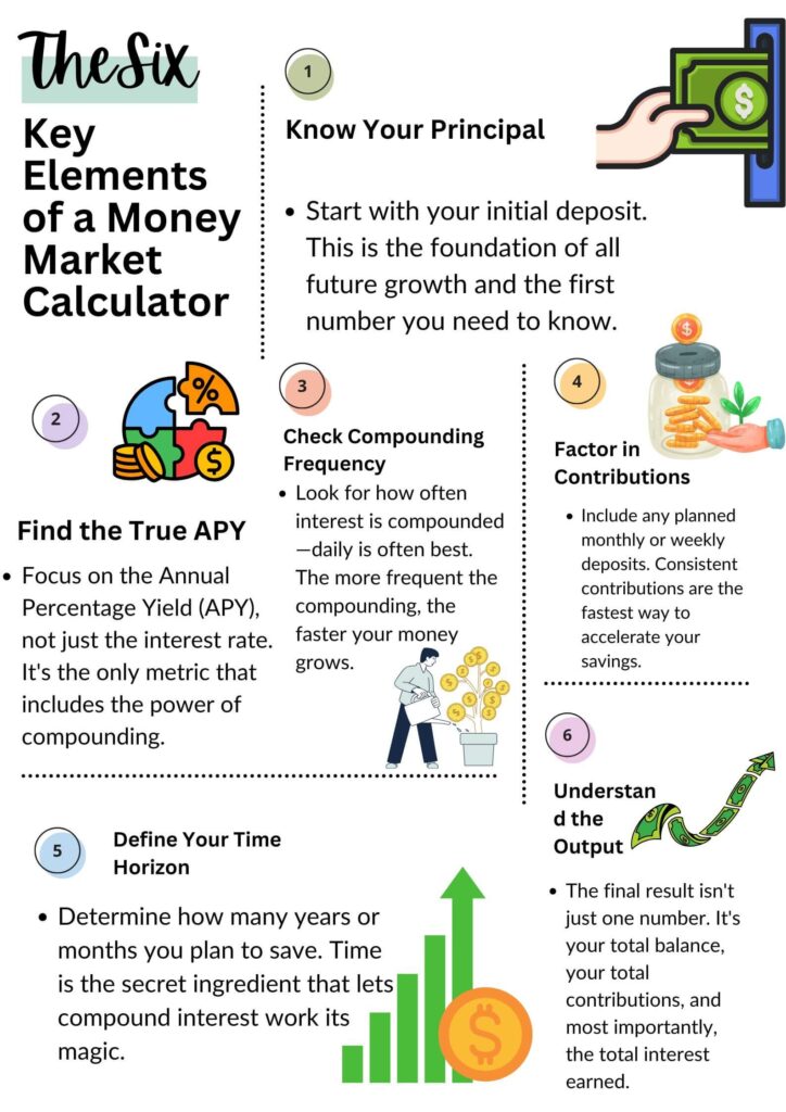Infographic titled "The Six Key Elements of a Money Market Calculator." It lists six essential components for calculating MMA growth. 1. Know Your Principal: your initial deposit. 2. Find the True APY: which includes compounding. 3. Check Compounding Frequency: like daily or monthly. 4. Factor in Contributions: your regular deposits. 5. Define Your Time Horizon: how long you will save. 6. Understand the Output: your final balance and total interest earned.