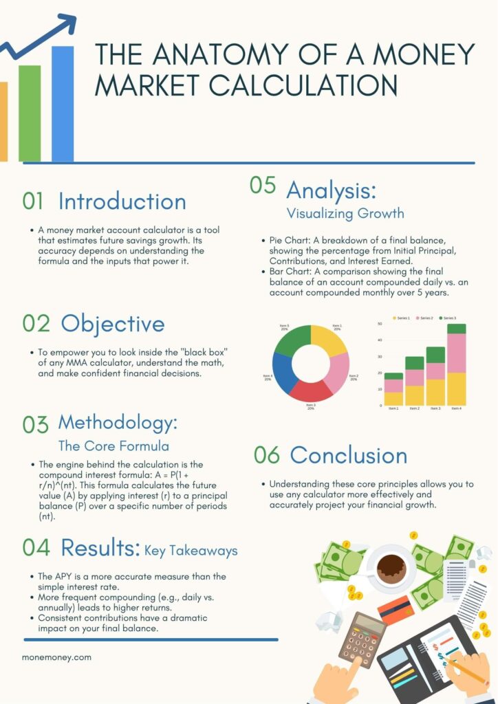 Infographic titled "The Anatomy of a Money Market Calculation." It is structured like a research poster with six sections: 01 Introduction defines an MMA calculator. 02 Objective states the goal is to empower users. 03 Methodology explains the compound interest formula. 04 Results lists key takeaways like the importance of APY and compounding. 05 Analysis shows a pie chart breaking down a final balance and a bar chart comparing daily vs. monthly compounding. 06 Conclusion summarizes the benefit of understanding these principles.