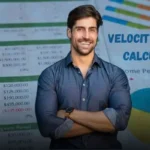 A confident man in front of financial spreadsheets, illustrating how to use the principles of a velocity banking calculator to manage debt.