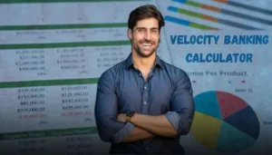 A confident man in front of financial spreadsheets, illustrating how to use the principles of a velocity banking calculator to manage debt.