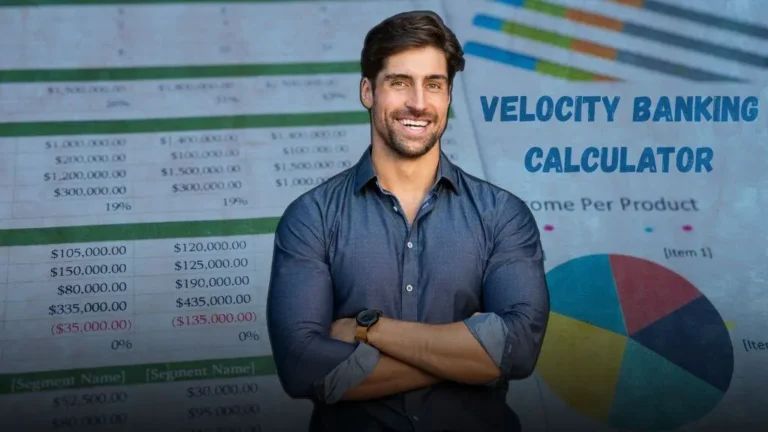 A confident man in front of financial spreadsheets, illustrating how to use the principles of a velocity banking calculator to manage debt.