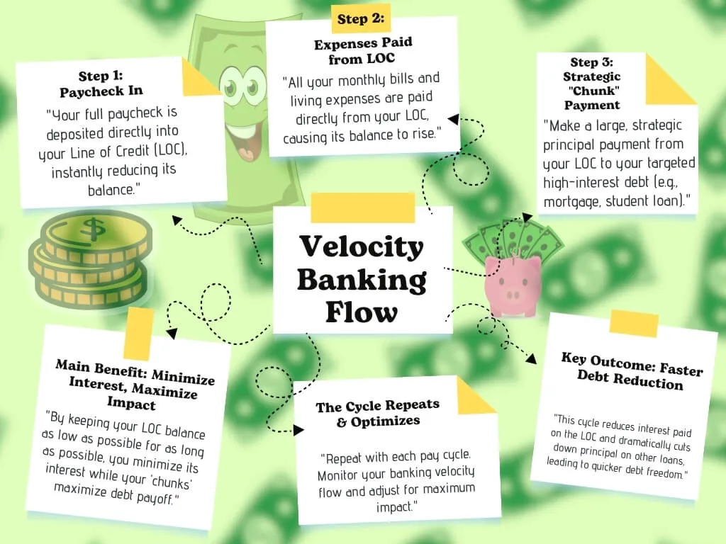 Infographic explaining the Velocity Banking flow step-by-step: Paycheck In, Expenses Paid from LOC, Strategic 'Chunk' Payment, The Cycle Repeats, Main Benefit, and Key Outcome of faster debt reduction, all centered around 'Velocity Banking Flow'.