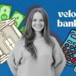 A woman smiles confidently, illustrating the concept of velocity banking; the image includes graphical elements of a bank building, dollar bills, a calculator, and the text 'velocity banking' on a blue background