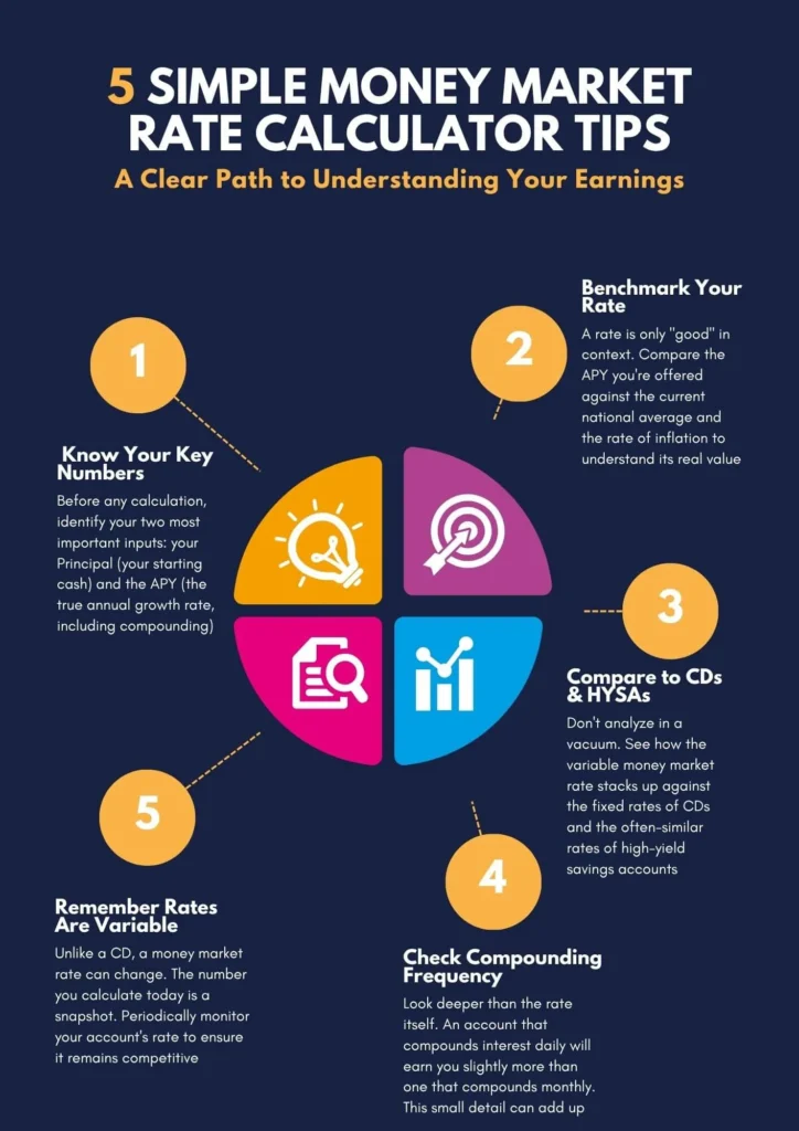 Infographic titled "5 Simple Money Market Rate Calculator Tips." It shows five numbered strategies around a central graphic with icons: 1. Know Your Key Numbers like principal and APY. 2. Benchmark Your Rate against national averages. 3. Compare to CDs & HYSAs. 4. Check Compounding Frequency. 5. Remember Rates Are Variable.