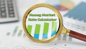A close-up of a magnifying glass examining a financial chart with bar graphs. The words "Money Market Rate Calculator" are visible through the magnifying lens, symbolizing a deep analysis of interest rates and savings growth