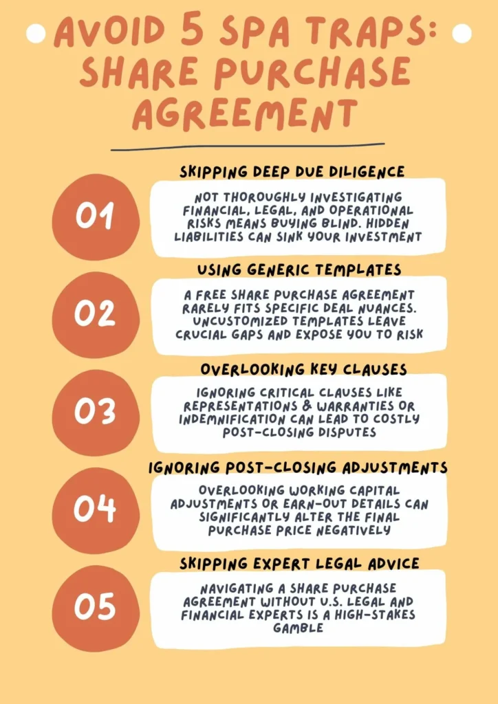 Infographic listing 5 common traps to avoid in a share purchase agreement: skipping due diligence, using generic templates, overlooking key clauses, ignoring post-closing adjustments, and skipping expert legal advice.