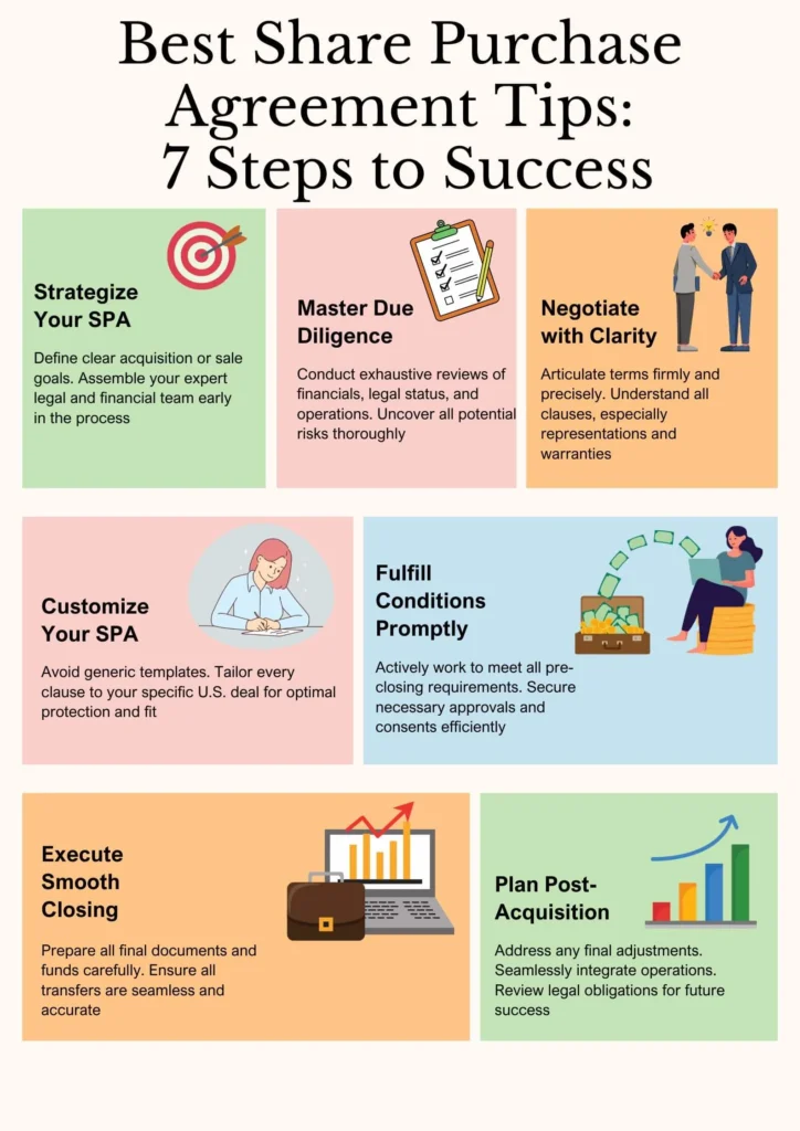 Infographic outlining 7 key steps for a successful share purchase agreement, showing icons for strategy (target), due diligence (checklist), negotiation (handshake), customization (person writing), fulfilling conditions (money in briefcase), smooth closing (laptop with growth chart), and post-acquisition planning (bar chart)