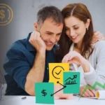 A smiling couple researches what is a share certificate, looking down at a piggy bank with icons representing how this savings tool works: depositing money ($) for a fixed term (clock) to achieve guaranteed growth (chart).