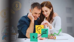 A smiling couple researches what is a share certificate, looking down at a piggy bank with icons representing how this savings tool works: depositing money ($) for a fixed term (clock) to achieve guaranteed growth (chart).