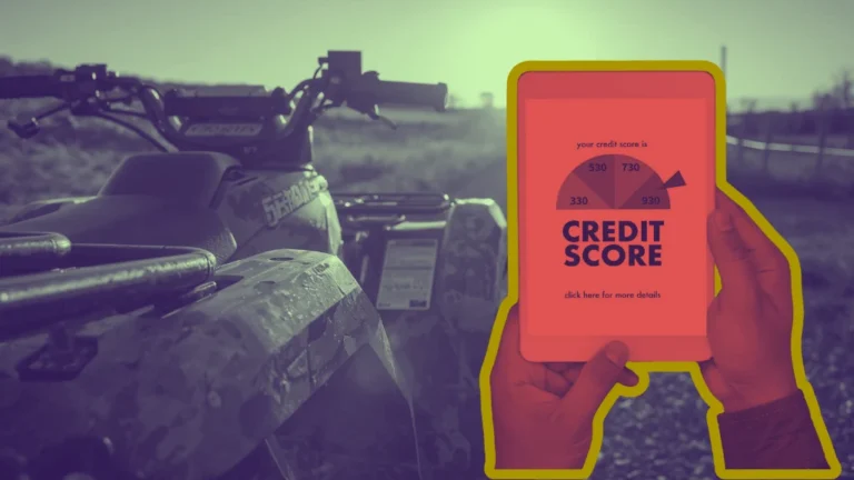 A person checks their credit score on a tablet while considering bad credit financing for ATV parked on a trail