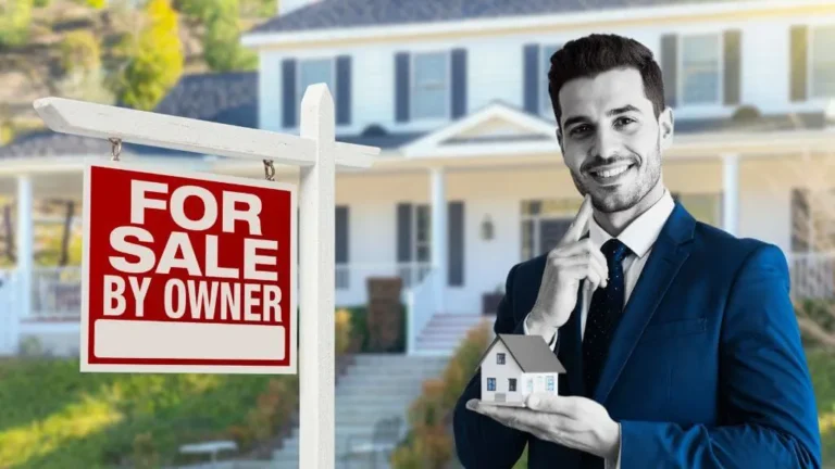 A man in a suit stands next to a 'For Sale By Owner' sign, illustrating the process of using a real estate contract for sale by owner