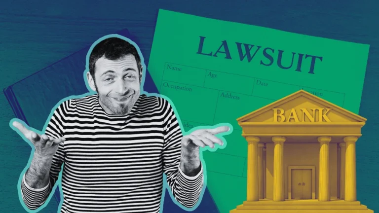 A man shrugging in confusion in front of a bank and a lawsuit document, illustrating the complex process of filing a Bank Negligence Lawsuit