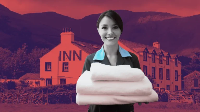A friendly hotel staff member holding fresh towels in front of a budget inn and suites nestled in a hilly landscape