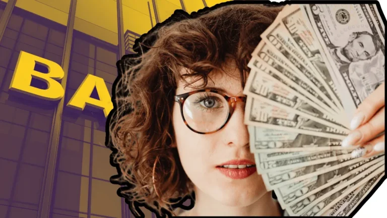 A woman with glasses holds a fan of cash in front of a bank, representing the need for embezzled bank funds recovery after fraud