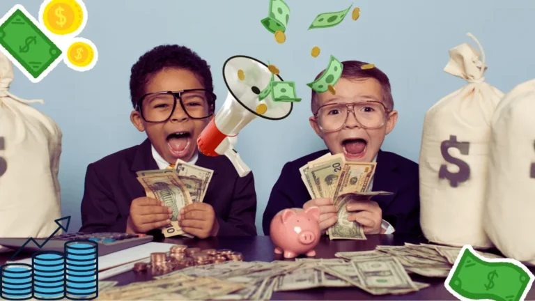 Two excited young boys in business suits sit at a desk covered in cash, illustrating the fun of learning how to make money as a kid