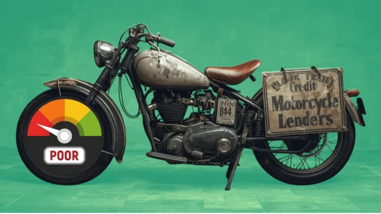 A classic motorcycle with a credit score gauge on the front wheel pointing to 'POOR,' and a sign on the back for poor credit motorcycle lenders
