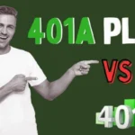 A smiling man points to text comparing a 401a plan vs 401k, with a rising bar graph next to the 401k logo to show the growth potential of retirement savings.