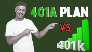 A smiling man points to text comparing a 401a plan vs 401k, with a rising bar graph next to the 401k logo to show the growth potential of retirement savings.